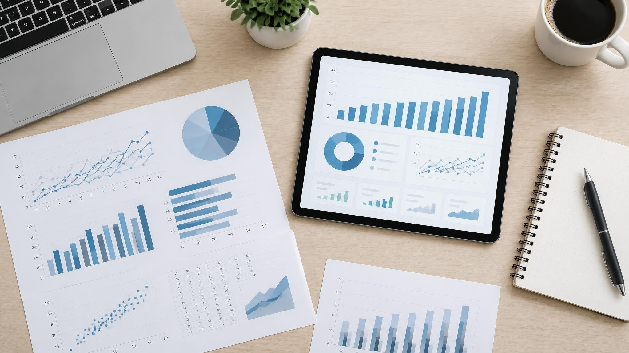Schreibtisch mit gedruckten Diagrammen und einem Tablet mit Datenanalyse
